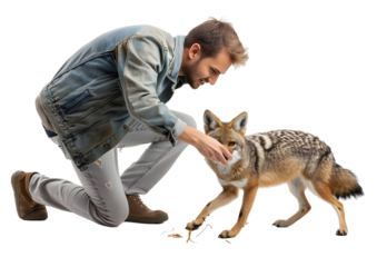 man playing with his pet fox isolated on transparent background