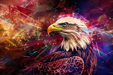 Majestic Bald Eagle Abstract Art with American Flag Motif and Fireworks Bursting in Celebration