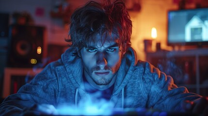 Fototapeta premium A person looking at their computer screen with a frustrated and hopeless expression, signifying the feeling of ineffectiveness and lack of accomplishment that comes with burnout