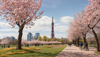 Obraz premium A tall, narrow tower stands in the center of a pathway lined with blooming pink cherry trees. People walk along the path, and the sky is blue with a few white clouds.