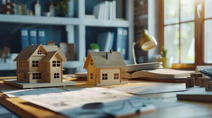 Model houses and contract documents on the desk in the office to decide to sign a home insurance contract about mortgage and home insurance offers. copy space for text.