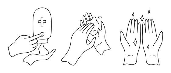Fototapeta premium Clean your hands with alcohol gel. Killing virus. Hands used for touching will transmit the virus. Corona virus concept. washing hands with antibacterial hand sanitizer, sanitizer gel symbol