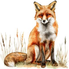 Fototapeta premium A detailed watercolor painting of a red fox sitting in a natural setting, surrounded by grass and plants