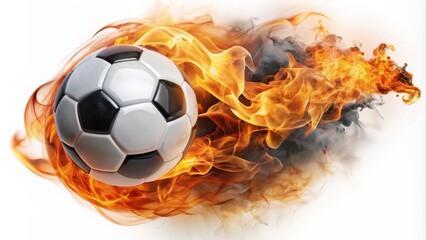 Fototapeta premium Vibrant orange flames erupt from a soccer ball, surrounded by subtle smoke, against a pure white isolated background.