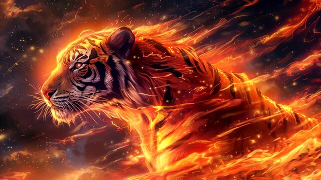 The fiery tiger. Anime or digital painting style, looping 4k video animation background