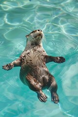 Obraz premium A sea otter floats in a pool of water, paws up at the surface
