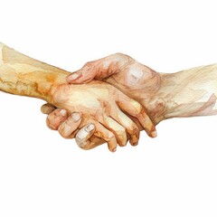Fototapeta premium A watercolor illustration of two hands shaking, symbolizing agreement, partnership, and cooperation, with a soft, artistic touch