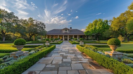 Obraz premium Ranch home with an elegant stone pathway flanked by symmetrical topiaries leading to a grand front porch