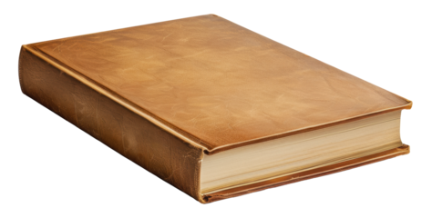 A closed brown leather bound book with yellowed pages, cut out - stock png.