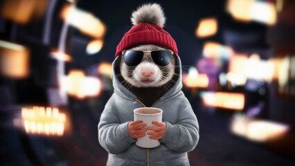 A rat wearing a hat and sunglasses holding up a cup, AI