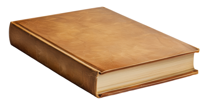 A closed brown leather bound book with yellowed pages, cut out - stock png.