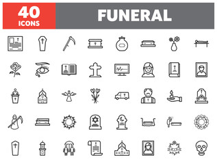 Set of 40 line icons funeral. Outline icon collection. Editable stroke. Vector illustration.