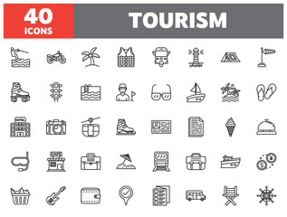Set of 40 line icons tourism. Outline icon collection. Editable stroke. Vector illustration.