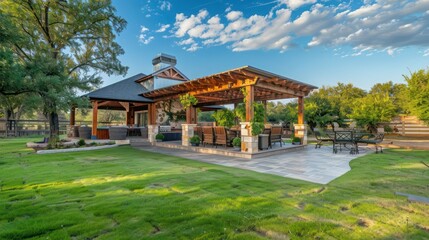 Obraz premium Ranch home with a backyard that includes a rustic wooden gazebo, perfect for family gatherings and celebrations