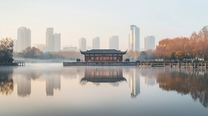 Fototapeta premium Modern Urban Architectural Landscape of Suzhou, China. copy space for text.