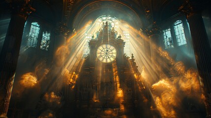 Ornate Clock in Grand Hall: Cathedral-Like Interior, Dramatic Light Rays, Dust or Smoke, Mystical and Antiquated Atmosphere