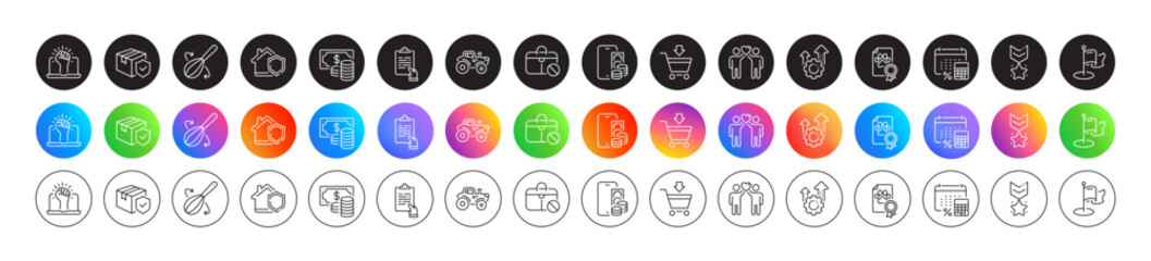 Annual tax, Cooking whisk and Empower line icons. Round icon gradient buttons. Pack of Friends couple, Parcel insurance, Tractor icon. Seo gear, Coins banknote, Online market pictogram. Vector