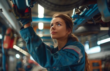 Mechanic repairing a vehicle in a workshop while positioned under a hydraulic lift