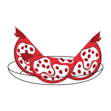 recommend clip art: Ripe juicy pomegranate pieces on line art plate. Quarter of red fruit, healthy summer food