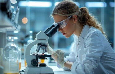 Female scientist conducting research in a laboratory while examining samples under a high-powered microscope