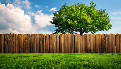 Obraz premium Wooden fence, tree and green grass outdoors