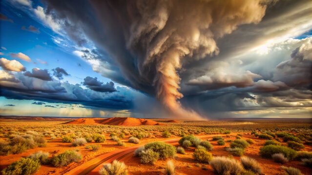 Dramatic mini tornado whirlwind sweeps across rust-hued Outback terrain near Marree, surrounded by sandy storm clouds and expansive blue sky.