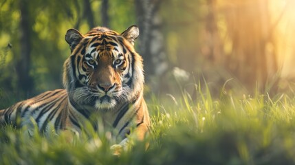 Naklejka premium A tiger reclines in the grass, facing the sun-dappled woodland