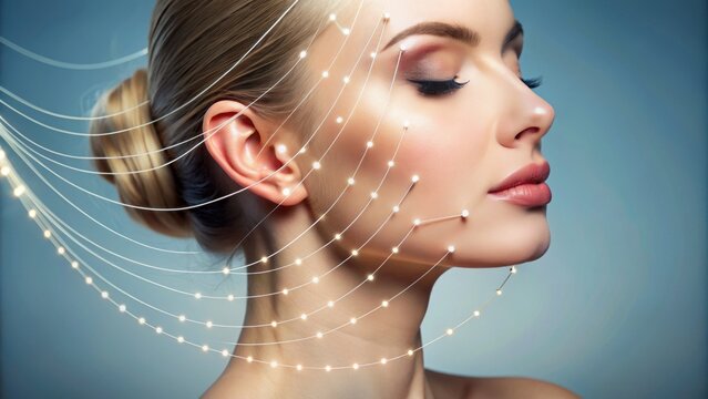 Delicate threads and subtle pulleys suspended in mid-air, illustrating the concept of facial rejuvenation and skin contour correction.
