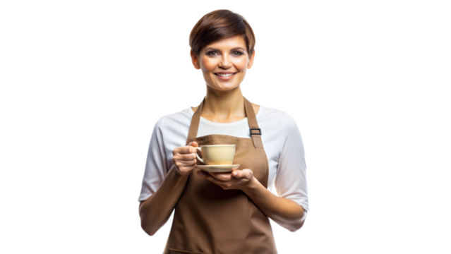 Smiling Barista Holding Coffee Cup in Apron Uniform