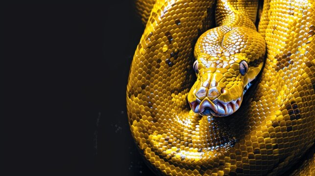  A tight shot of a yellow snake's head overlapping another on black background