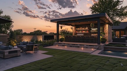 Obraz premium Ranch home with a backyard that features a custom-built gazebo, including a built-in bar and entertainment system for outdoor parties