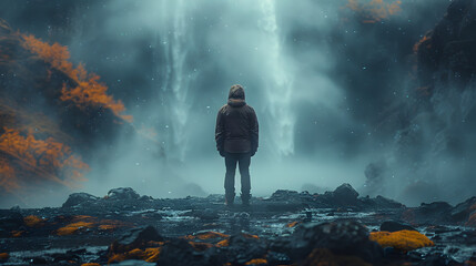 Fototapeta premium Lone man facing away in a desolate, rocky landscape