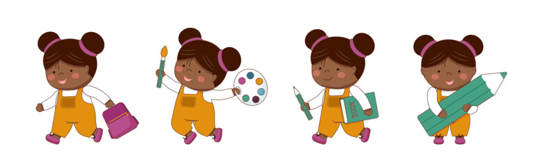 Childrens school collection. Set of black skin schoolgirls with school elements isolated on white. Back to school concept. Children supplies cute.	