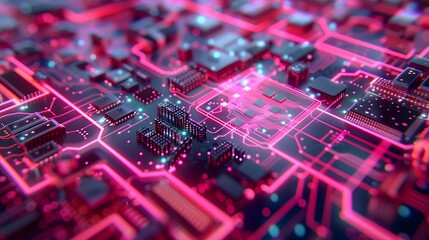Obraz premium Futuristic Circuit Board with Glowing Neon Elements