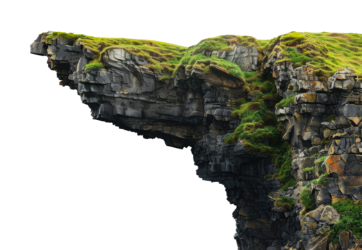 Green grass covered cliffs along the rugged coastline, cut out - stock png.
