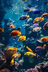 Obraz premium A large aquarium teeming with various colorful fish in their optimal growth conditions, surrounded by circulating water