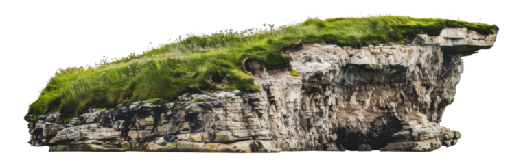 Green grass covered rocky cliff overhanging a sea shore, cut out - stock png.