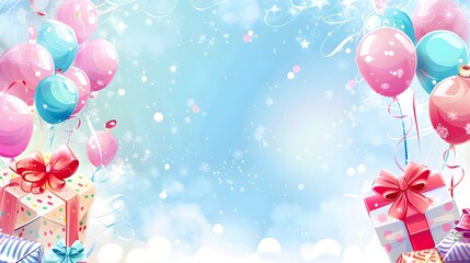 Soft gentle Birthday background composition with balloons and confetti birthday card or invitation
