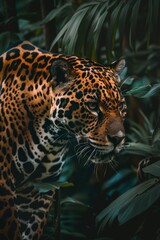 Obraz premium A tight shot of a leopard perched on a tree, surrounded by leafy background Foreground features a softly blurred leopard image