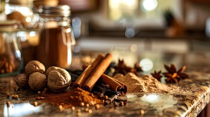 Cinnamon sticks, nutmeg, cloves, and vanilla pods arranged on a kitchen countertop, ready for baking.