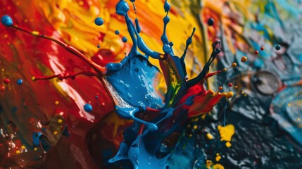 A vibrant blue paint splash explodes on a background of red, yellow, and black paint