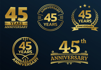 45 years icon or logo set. 45th anniversary celebrating golden sign or stamp. Jubilee, birthday celebration design element. Vector illustration.