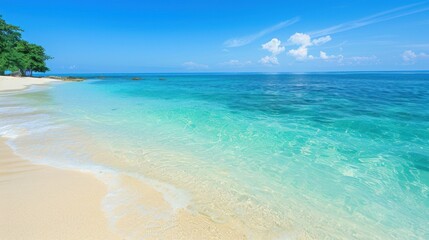 Obraz premium A pristine sandy shore with clear blue waters meeting a bright, blue sky with fluffy clouds. The image portrays a calming beach scene perfect for relaxation.