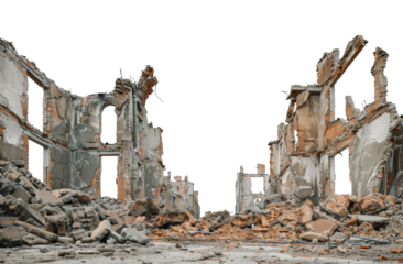 Ruined brick building facade with debris, cut out - stock png.