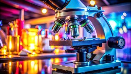 High-contrast image of a microscope's eyepiece focusing on a brightly lit, vibrant sample amidst a cluttered laboratory workspace.