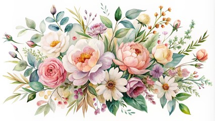 Delicate watercolor floral arrangement with gentle, expressive brushstrokes on a transparent background, exuding serene natural elegance and sophistication.