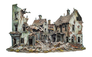 Detailed model of a destroyed european town after bombing, cut out - stock png.