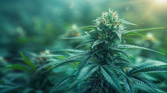 A blooming cannabis plant featuring a central bud surrounded by serrated green leaves and sparkling trichomes.
