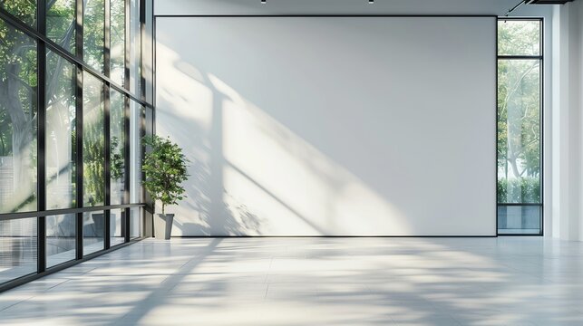Blank white wall mockup in sunny modern empty gallery