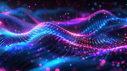 Obraz premium Abstract digital backdrop: Blue and purple dots flow in dynamic waves, forming a futuristic visual. Vibrant and sleek for tech themes. 